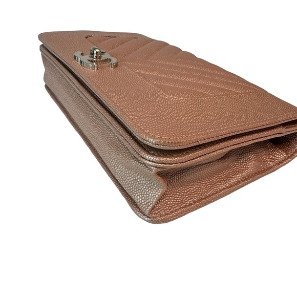 Chanel Metallic Pink Caviar Chevron Quilted Mademoiselle Wallet On Chain - Picture 8 of 15